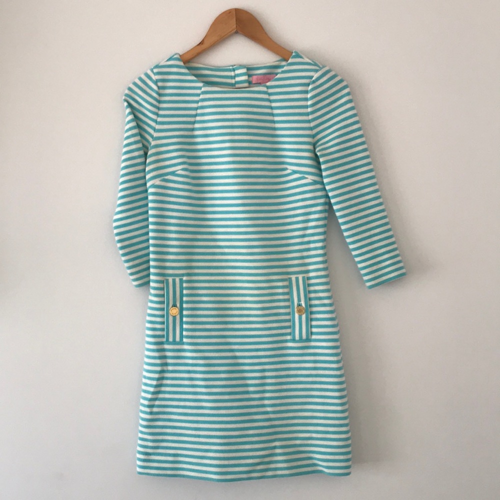 Lilly Pulitzer white and blue striped dress.